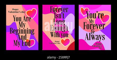 Auffällige Valentinstag-Vorlagen mit modernem Pastellhintergrund. Eine Valentinstag-Grußkarte mit Beispieltext, roten Herzen und abstraktem Hintergrund Stock Vektor