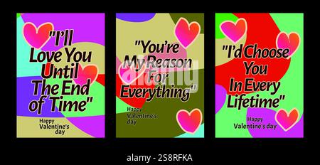 Auffällige Valentinstag-Vorlagen mit modernem Pastellhintergrund. Eine Valentinstag-Grußkarte mit Beispieltext, roten Herzen und abstraktem Hintergrund Stock Vektor