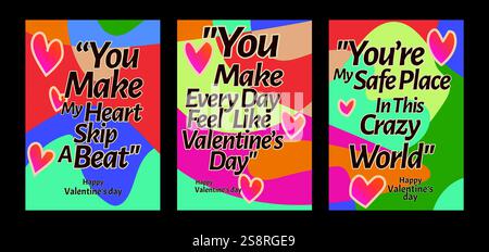 Auffällige Valentinstag-Vorlagen mit modernem Pastellhintergrund. Eine Valentinstag-Grußkarte mit Beispieltext, roten Herzen und abstraktem Hintergrund Stock Vektor