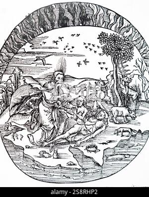 Abbildung: Darstellung von Thales von Milet" Konzept der flachen Erde schweben über Wasser. Thales von Milet, eine sokratische Griechische/Phönizischen Philosoph, Mathematiker und Astronom. Vom 16. Jahrhundert Stockfoto