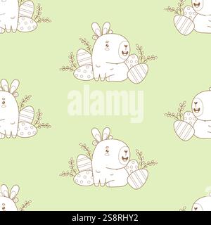 Nahtloses Ostermuster. Süße Capybara mit pascha-Eiern auf grünem Hintergrund. Karikaturfilm mit kawaii-Tieren im Hintergrund. Linienzeichnung. Vektorillustratio Stock Vektor