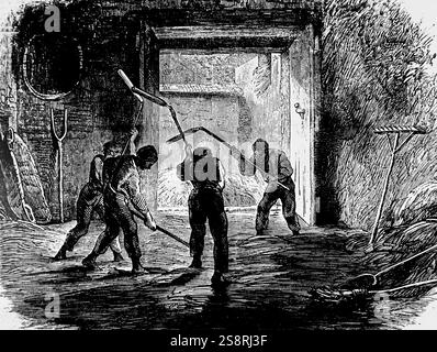 Gravur, die das Dreschen von Mais, auf einer Tenne, mit einer Hand dreschflegel. Vom 19. Jahrhundert Stockfoto