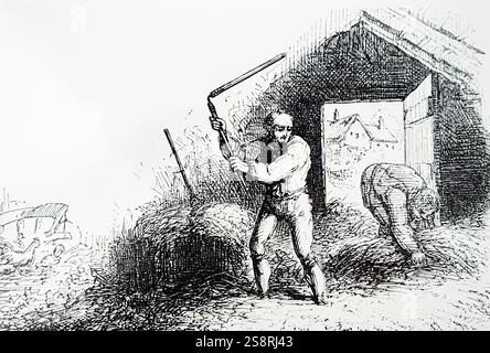 Gravur, die das Dreschen von Mais, auf einer Tenne, mit einer Hand dreschflegel. Vom 19. Jahrhundert Stockfoto