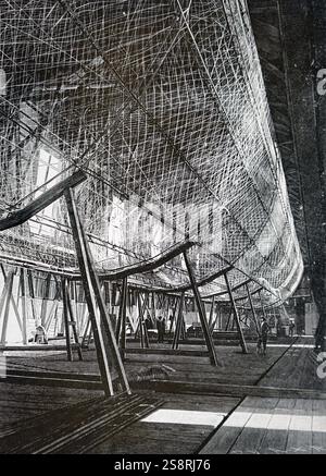 Kupferstich mit der Darstellung der Zeppelin Luftschiff in der Aufhänger. Nach dem Deutschen Ferdinand Graf von Zeppelin (1838-1917) ein deutscher General und späteren Flugzeughersteller benannt. Vom 20. Jahrhundert Stockfoto