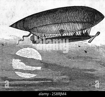 Gravur, Charles Renard und A.C. Krebs in der elektrisch betriebenen Luft-Schiff "La France" fliegen zwischen Calais Meudon und Villacoublay, in 23 Minuten den 9. August 1884. Vom 19. Jahrhundert Stockfoto
