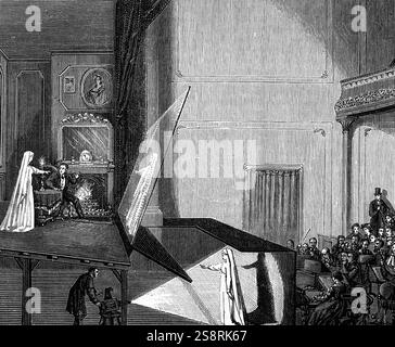 Kupferstich mit der Darstellung der Methode als "Pepper's Ghost" bekannt. Ein Bild von einem 'Ghost' ist auf die Bühne mit der Verwendung von Spiegeln und reflektierte Licht projiziert. Um dem Publikum die 'Ghost' erscheint auf der Bühne zu stehen. Vom 19. Jahrhundert Stockfoto