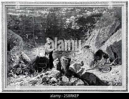 Kupferstich mit der Darstellung eines Taucher Fotografieren auf dem Meeresboden. Vom 19. Jahrhundert Stockfoto