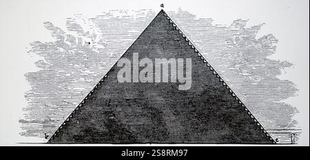 Kupferstich mit der Darstellung der Cheops-Pyramide in Gizeh, die zeigen, wie es in den Schritten von der Unterseite konstruiert wurde und dann mit weißem Marmor konfrontiert. Vom 19. Jahrhundert Stockfoto