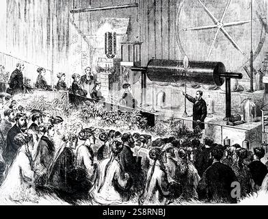Gravur, John Henry Pepper demonstrieren die riesigen induktionsspule an der Polytechnischen Institut, London, vor Prinzessinnen Louise und Beatrice. John Henry Pfeffer (1821-1900) ein britischer Wissenschaftler und Erfinder, der englischsprachigen Welt mit seinem wissenschaftlichen Demonstrationen tourte. Vom 19. Jahrhundert Stockfoto