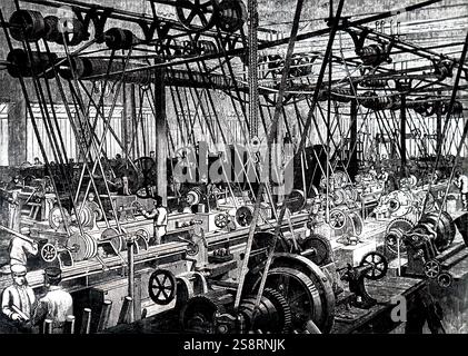 Kupferstich mit der Darstellung der Werkzeug- und dreherei der Robert Stephenson und Unternehmen, eine lokomotive Manufacturing Company im Jahre 1823 gegründet. Vom 19. Jahrhundert Stockfoto