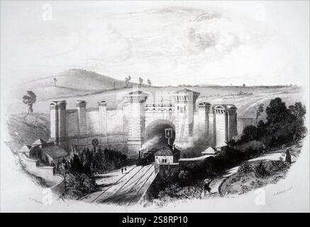 Abbildung: Darstellung der Primrose Hill Tunnel, an der London und Birmingham Bahnstrecke. Bild zeigt elementare Signalisierung von Glocken, Polizist mit Fahne und frühen rotierende Scheibe auf einem Standard. Vom 19. Jahrhundert Stockfoto