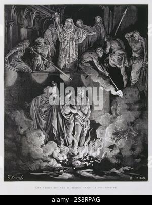 Da fingen an Sadrach, Mesach, Abed-Nego im Feuerofen, Illustration aus der Dore Bibel 1866. In 1866 wurde der französische Künstler und Illustrator Gustave Doré (1832-1883), veröffentlichte eine Reihe von 241 Holz Gravuren für eine neue Deluxe Edition der 1843 Französische Übersetzung der Vulgata Bibel, im Volksmund als die Bibel de Touren bekannt. Diese neue Ausgabe wurde bekannt als La Grande Bibel de Tours und seine Illustrationen waren außerordentlich erfolgreich. Stockfoto