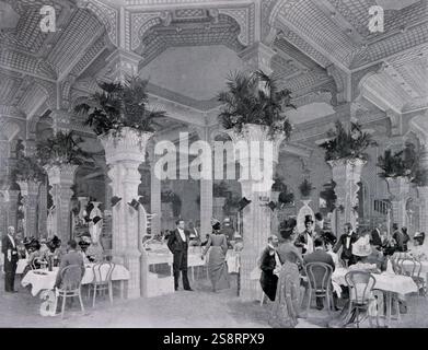 Exposition Universelle (Weltausstellung) Paris, 1900; die Exposition Universelle von 1900, besser bekannt als die Pariser Ausstellung 1900, war eine Weltausstellung, die vom 14. April bis zum 12. November 1900 in Paris, Frankreich, stattfand, um die Errungenschaften des vergangenen Jahrhunderts zu feiern und die Entwicklung in das nächste zu beschleunigen. Der Stil, der in der Ausstellung allgegenwärtig war, war Jugendstil. Die Messe, die von fast 50 Millionen Menschen besucht wurde, zeigte viele technologische Innovationen; Schwarz-Weiß-Illustration von Menschen, die im Restaurant Champeaux im Palast der Kostüme speisen. Stockfoto