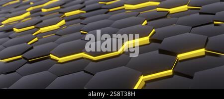 Schwarze sechseckige Fliesen, gelb leuchtender Hintergrund. 3D Abbildung Stockfoto