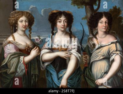 Anonymes Gemälde aus dem 17. Jahrhundert Anonyme. "Les Nièces de Mazarin". Huile sur cuivre, XVIIe siècle. Musée des Beaux-Arts de la Ville de Paris, Petit Palais. Dreifaches Porträt von Frauen drei Nichten von Kardinal Mazarin Kunstwerk Öl auf Kupfer. Stockfoto