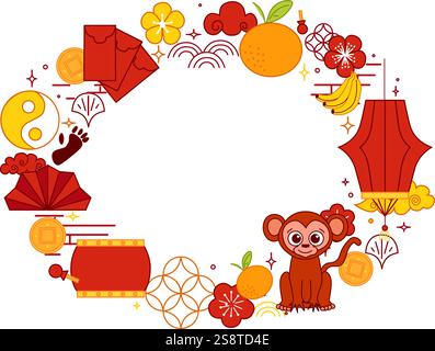 Chinesisches Neujahr 2028 Monkey Mondlaterne Festival ovale Rahmenvorlage für Ihren Text. Vektorgrafik für CNY-bezogene Objekte Stock Vektor