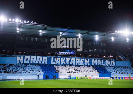 MALMÖ , 23-01-2025 , Malmö neues Stadion , Saison 2024 / 2025 , UEFA Europa League, Fußball. Während des Spiels Malmö - FC Twente, Fans von Malmš FF Stockfoto