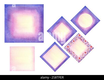 Rahmen aus purpurblauem rosa gelbem abstrakten Hintergrund mit Blumenmuster von blühender rosa Kirsche mit leerem beigem Briefkopf innen. Set von Aquarellen Stockfoto