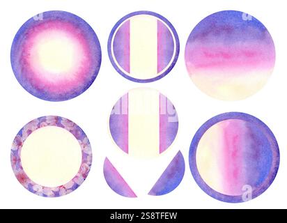 Rahmen aus purpurblauem rosa gelbem abstrakten Hintergrund mit Blumenmuster von blühender rosa Kirsche mit leerem beigem Briefkopf innen. Set von Aquarellen Stockfoto