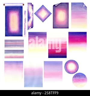 Purpurblauer rosa gelber abstrakter Hintergrund. Verschwommener vertikaler weicher Verlauf von oben nach unten im Bild. Set mit Aquarellmustern für sanften Sonnenaufgang Stockfoto