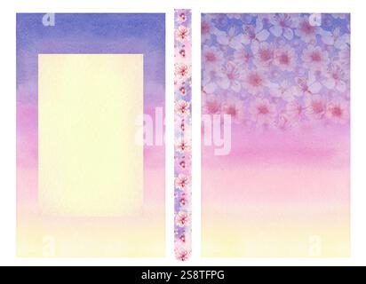 Rahmen aus purpurblauem rosa gelbem abstrakten Hintergrund mit Blumenmuster von blühender rosa Kirsche mit leerem beigem Briefkopf innen. Aquarellblumen Stockfoto