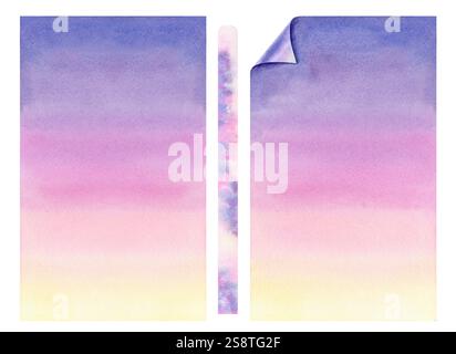 Purpurblauer rosa gelber abstrakter Hintergrund. Verschwommener vertikaler weicher Verlauf vom oberen zum unteren Rand des Bildes. Aquarellvorlage für helle Sonne Stockfoto