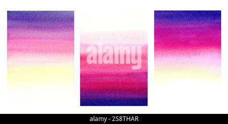 Purpurblauer rosa gelber abstrakter Hintergrund. Verschwommener vertikaler heller Verlauf von oben nach unten im Bild. Set von Aquarellmustern eines sanften Sonnenlichts Stockfoto