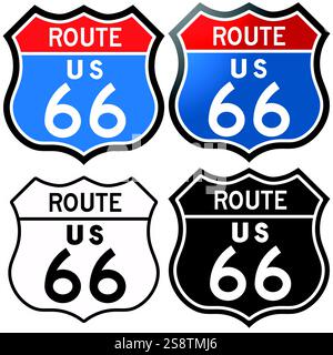 Amerikanisches Straßenschild für die berühmte Route 66, in Farbe, Verlauf, schwarz-weiß und weiß und schwarz, isoliert auf weißem Hintergrund Stock Vektor