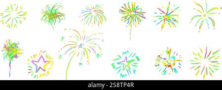 Feuerwerk niedliche Bleistiftlinien Kritzelemente für Geburtstag, Jubiläum. Set aus farbenfrohen Regenbogenskizzen im Stil von Blitz, Explosion und Sonnenstrahlen Stock Vektor