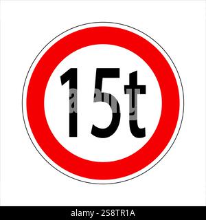 Verkehrsschild mit einem zulässigen Höchstgewicht von 15 Tonnen, das das Durchfahren schwerer Fahrzeuge, die diesen Schwellenwert überschreiten, untersagt Stock Vektor