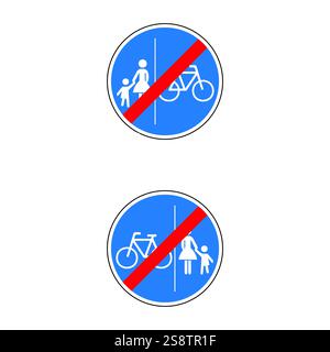 Zwei blaue und rote europäische Wegbeschilder beenden die Straße, die auf die Trennung von Fußgänger- und Fahrradwegen hinweisen Stock Vektor