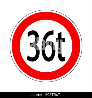 Verkehrsschild, das eine Gewichtsbegrenzung anzeigt und das Passieren von Fahrzeugen mit einem Gewicht von 36 Tonnen oder mehr untersagt Stock Vektor