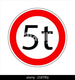 Internationales Verkehrszeichen mit einer Gewichtsgrenze von fünf Tonnen, isoliert auf weiß Stock Vektor