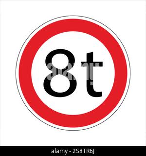 Verkehrsschild, das eine Gewichtsgrenze für Fahrzeuge angibt, die das Durchfahren für Fahrzeuge mit einem Gewicht von mehr als 8 Tonnen verbietet Stock Vektor