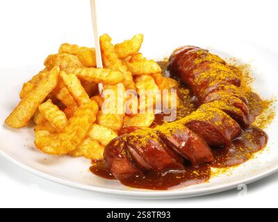 Currywurst mit Pommes frites Stockfoto