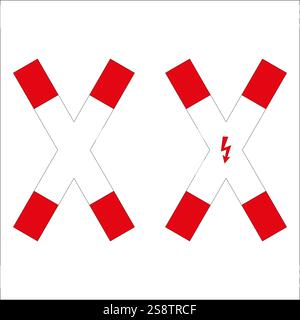 Kreuzende Beschilderung für Bahnübergänge, die elektrische und keine elektrische Traktion anzeigen, Warnung vor unbewachten Bahnübergängen ohne Tore oder Barrieren Stock Vektor