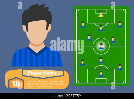 Profil des Fußballspielers und seines Platzes auf dem Fußballfeld. Vektorabbildung Stock Vektor