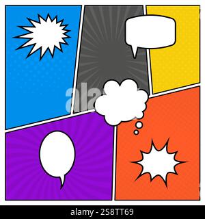 Farbenfroher Hintergrund der Comic-Seite im Pop-Art-Stil mit leeren Sprechblasen. Vorlage mit Rays- und Punktmuster. Vektorabbildung Stock Vektor