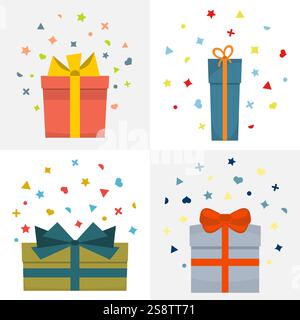 Satz von vier Vektor-Illustration mit schönen Pappen und Papier Geschenkboxen mit Deckel und Bändern. Stock Vektor