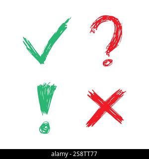 Handgezeichnete Scheck-, Kreuz-, Fragezeichen- und Ausrufezeichen. Set aus vier grünen und roten Skizzensymbolen. Vektorabbildung Stock Vektor