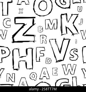 Nahtloser Hintergrund mit Doodle-Alphabet. Endloses Vektormuster mit schwarzen Buchstaben auf weißem Hintergrund. Stock Vektor