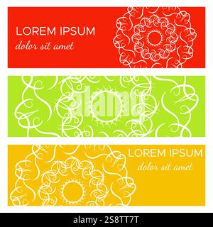 Satz abstrakter horizontaler Header-Banner mit geometrischen kreisförmigen Elementen und Textplatzierung. Farbenfrohe Hintergründe für Webdesign. Vektorillustratio Stock Vektor