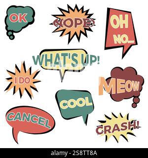Set aus neun Comic-Ballon-Sprechblasen im flachen Stil. Elemente von Design-Comic-Büchern mit verschiedenen Phrasen. Vektorabbildung Stock Vektor