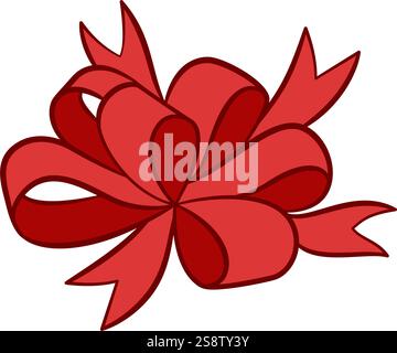 Rote Schleife im Kritzelstil. Handgezeichnetes, trendiges, flaches Design mit Cartoon-Design, elegante Schleife für Webgrafik, Poster, Valentinstag-Grußkarte oder Geschenkboxen. Vektorabbildung Stock Vektor