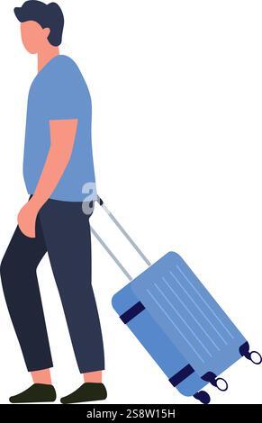 Tourist oder Geschäftsmann zieht rollenden Koffer am Flughafenterminal, reist für Business oder Freizeit, minimalistische flache Design Vektor Illustration Stock Vektor