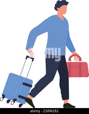 Geschäftsmann, der schnell am Flughafenterminal läuft, einen Trolley-Koffer zieht und eine Reisetasche trägt, zum Boarding Gate geht, Geschäftsreisekonzept Stock Vektor