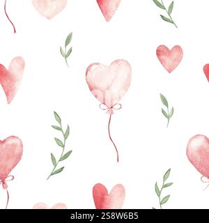 Valentinstag oder Hochzeit nahtloses Aquarellmuster mit fliegenden rosa Herzen, Luftballons und grünen Ästen. Handgezeichnete Illustration mit Aquarell Stockfoto