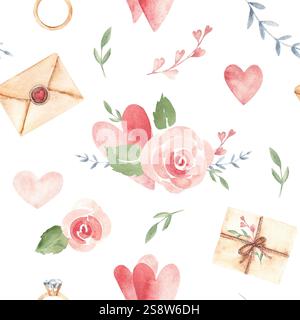 Valentinstag oder Hochzeit nahtloses Aquarellmuster mit rosa Herzen und Rosen, handgefertigten Umschlägen, Vintage-Liebesbriefen und Diamant-Verlobungsring Stockfoto