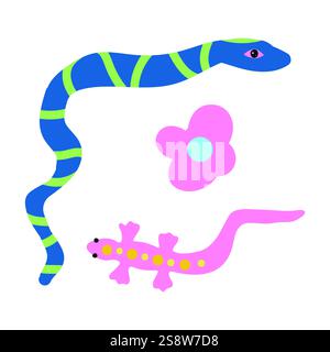 Bunte Reptilienillustration mit einer blauen Schlange, rosa Salamander und Blume. Ein verspieltes und exotisches Design für Natur- und Regenwald-Themen Stock Vektor