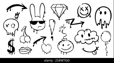 Graffiti Gangster Tattoo Elemente, Farbspritzer, Spray. Herzgesicht, Schädelset. Doodle Gunge groovige Druckkrone, Kirsche, Gruselset,. Vektorabbildung Stock Vektor